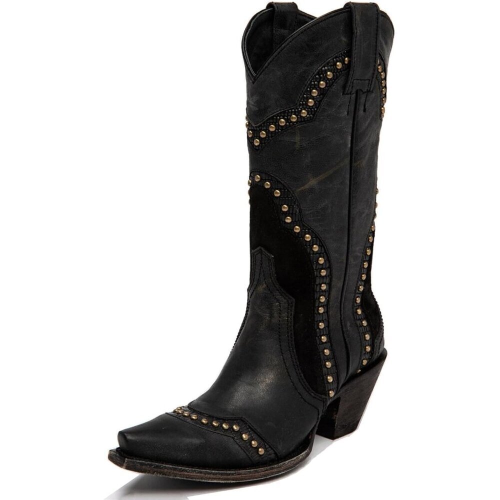 Unisex Black Cowboot Pointed Toe Pull On Mid Calf Fashion Dress Boots